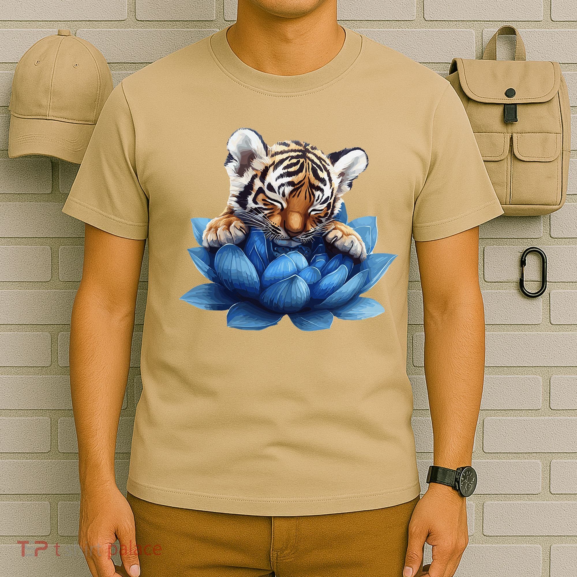 Cute Tiger Cub Blue Lotus Nature Tranquility T-Shirt