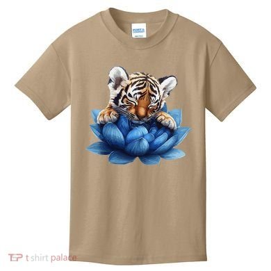 Cute Tiger Cub Blue Lotus Nature Tranquility Kids T-Shirt