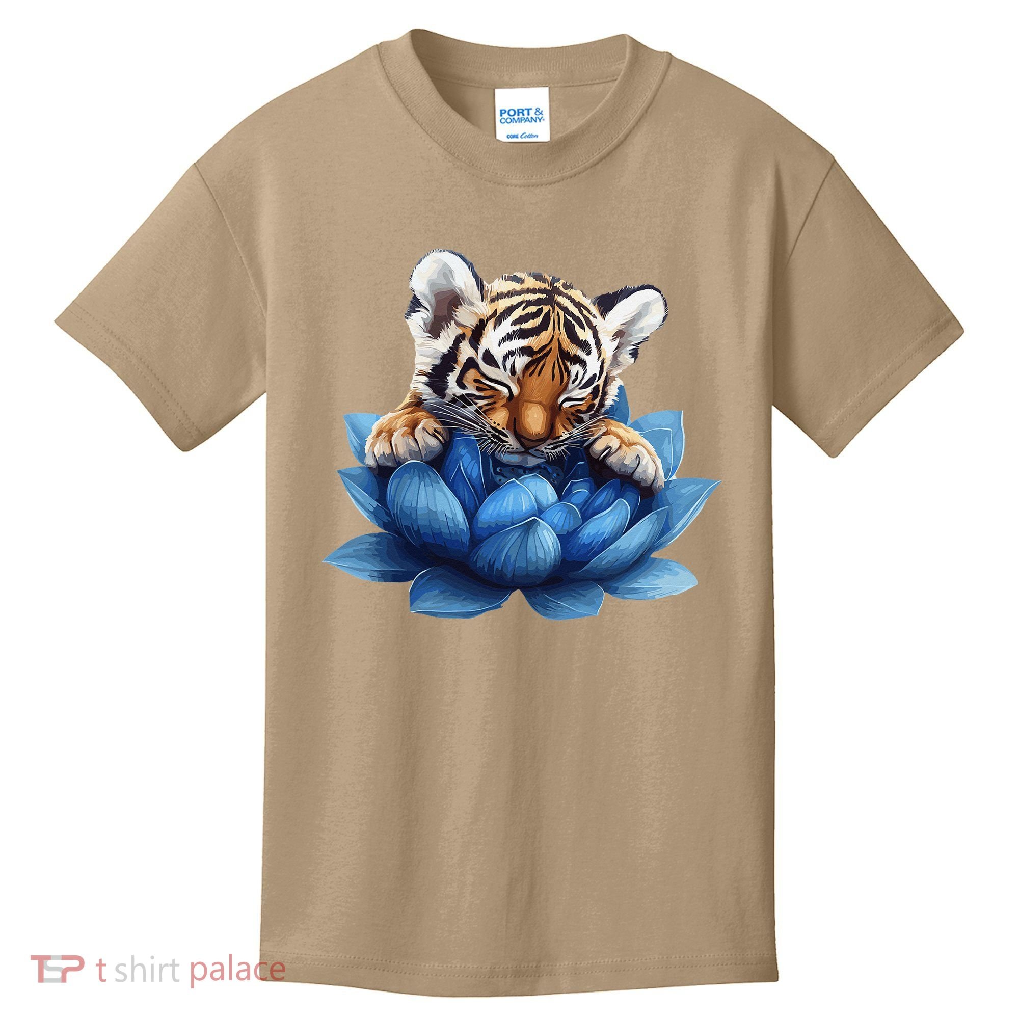 Cute Tiger Cub Blue Lotus Nature Tranquility Kids T-Shirt