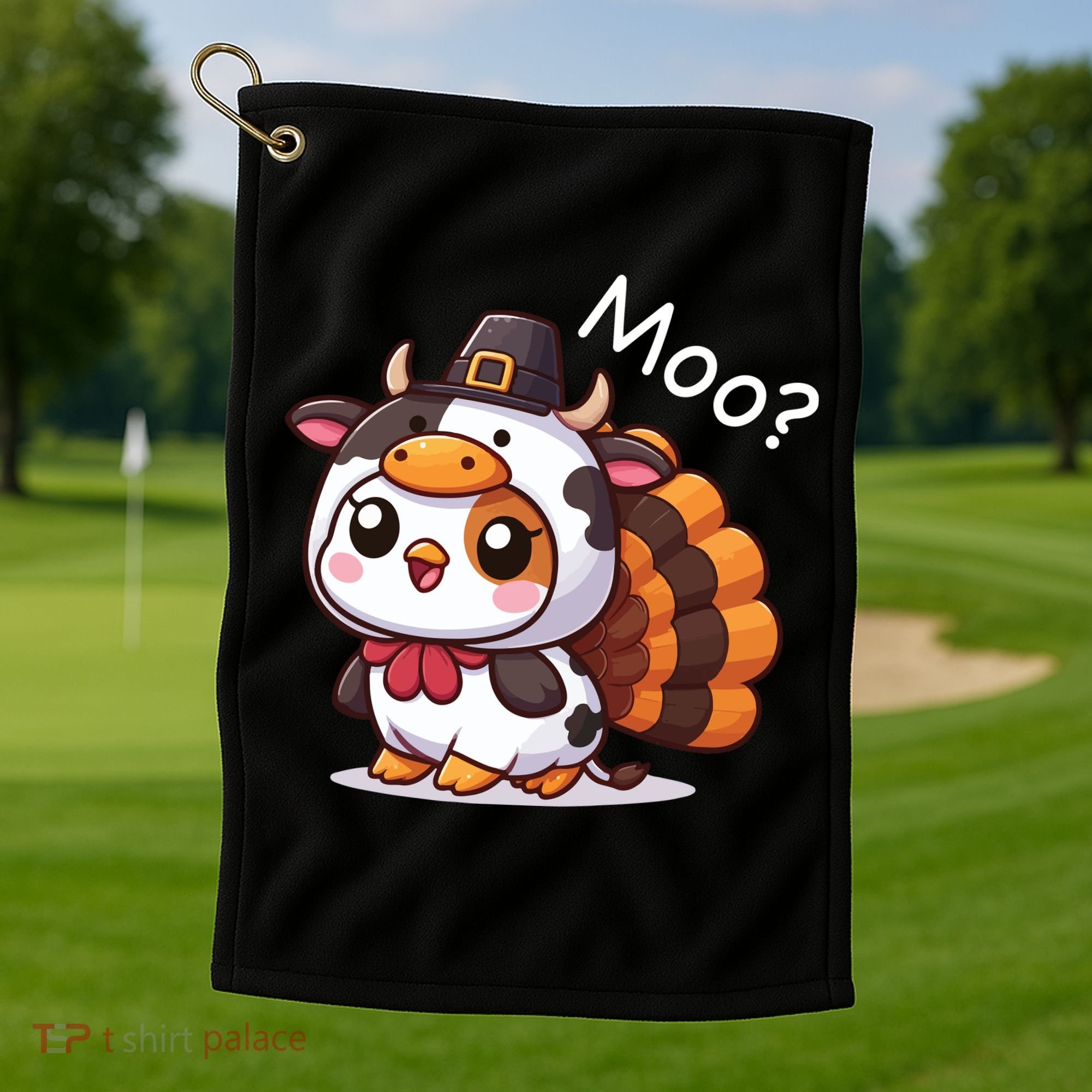 Cute Turkey Cow Moo Funny Thanksgiving Golf Towel