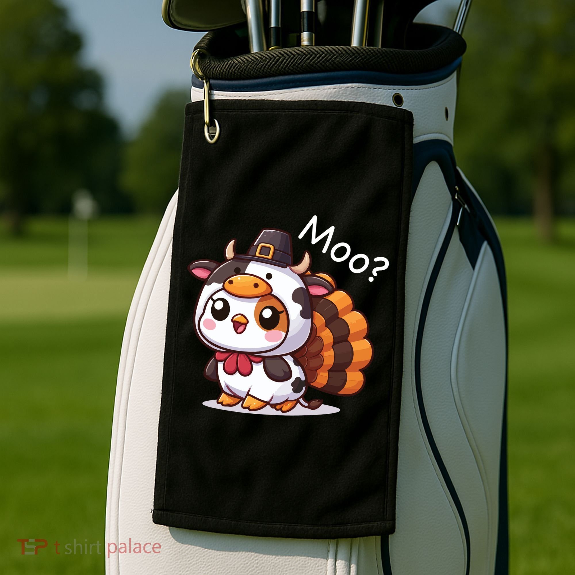 Cute Turkey Cow Moo Funny Thanksgiving Golf Towel