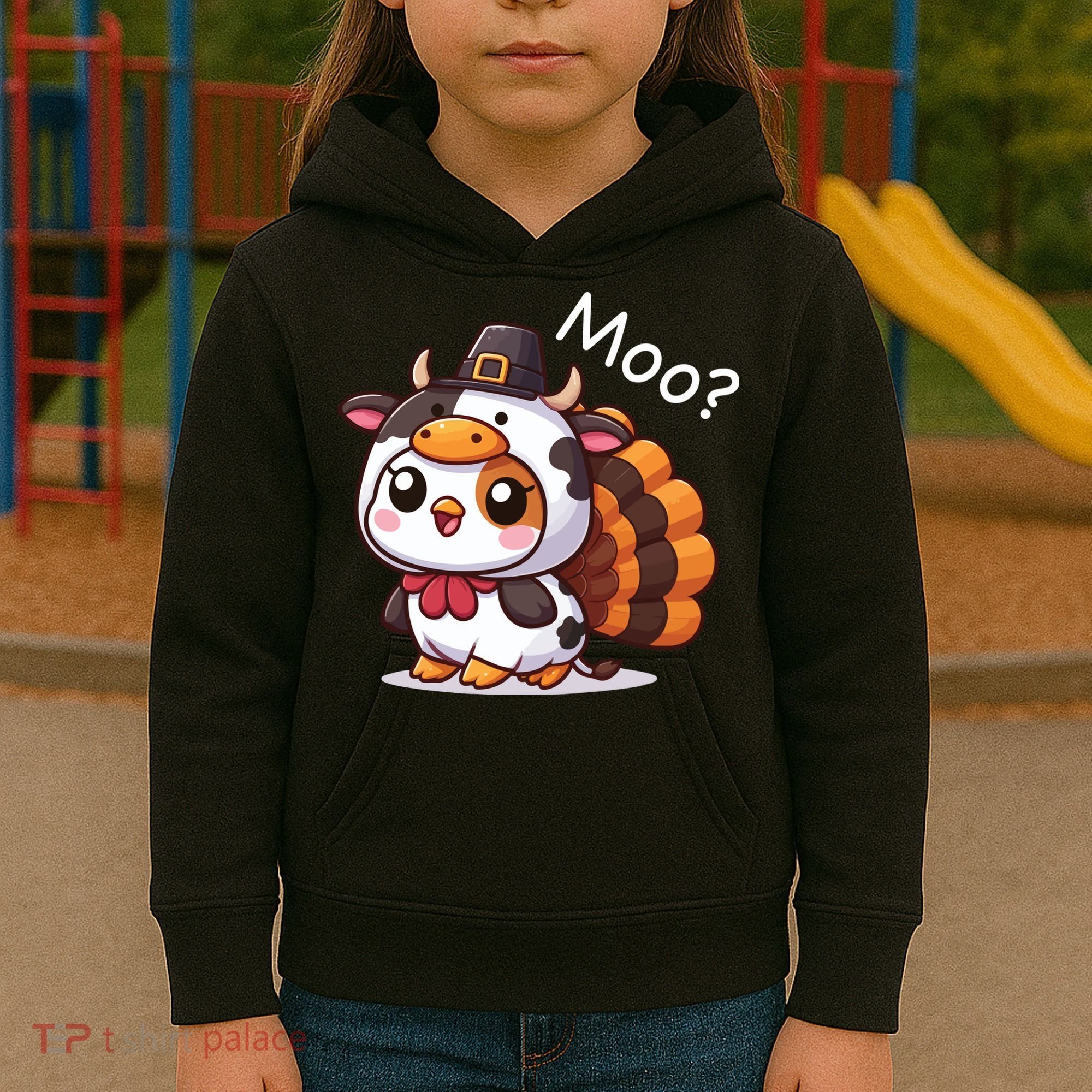 Cute Turkey Cow Moo Funny Thanksgiving Kids Hoodie