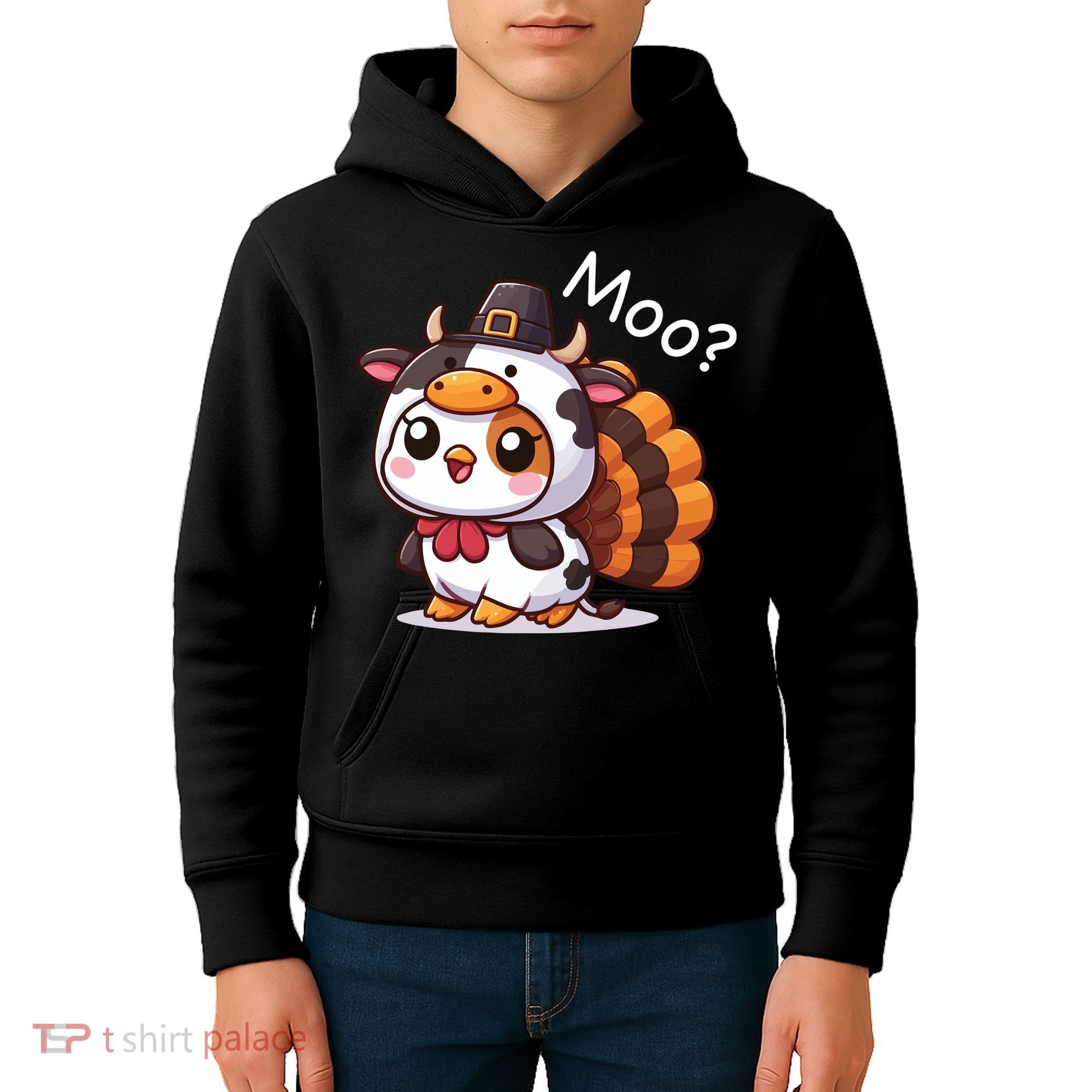 Cute Turkey Cow Moo Funny Thanksgiving Kids Hoodie