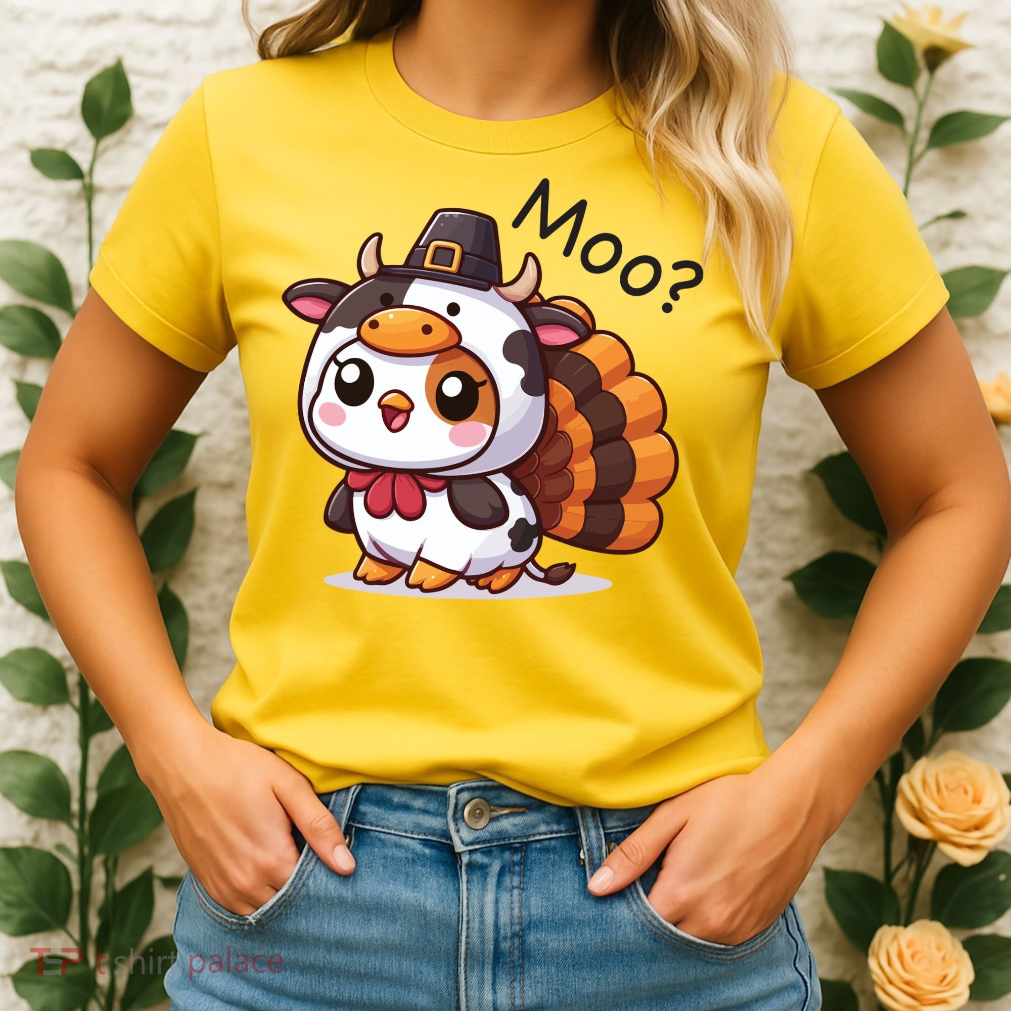 Cute Turkey Cow Moo Funny Thanksgiving Women's T-Shirt