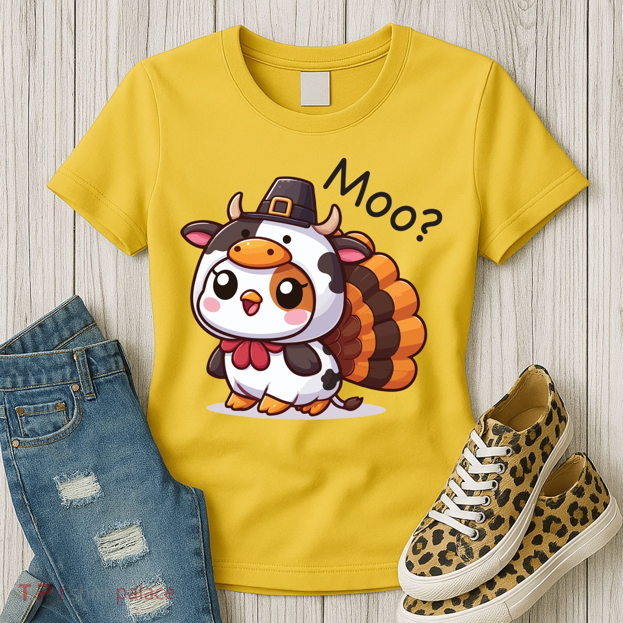 Cute Turkey Cow Moo Funny Thanksgiving Women's T-Shirt