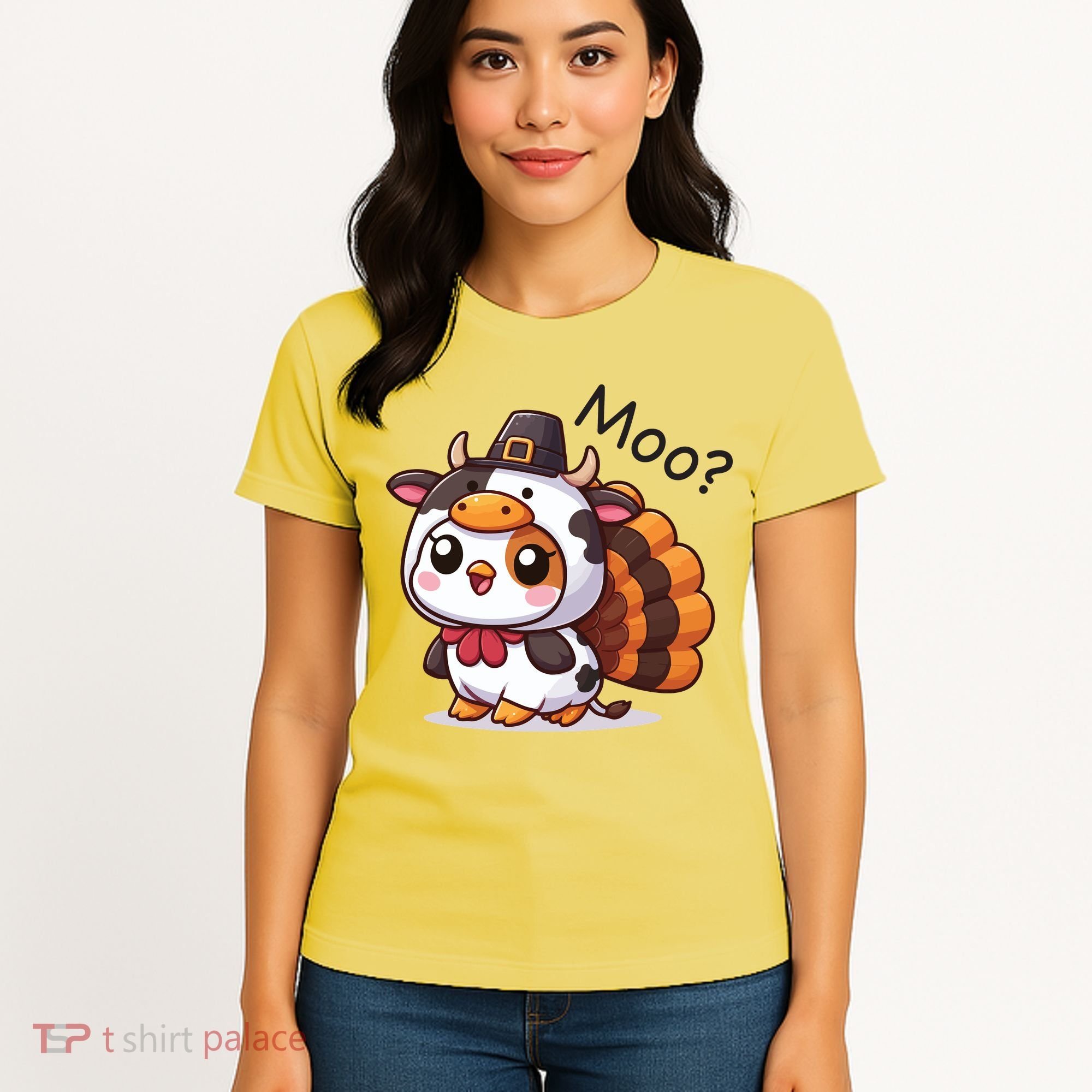 Cute Turkey Cow Moo Funny Thanksgiving Women's T-Shirt