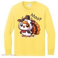 Cute Turkey Cow Moo Funny Thanksgiving Kids Long Sleeve Shirt thumb 0