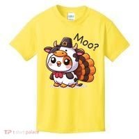 Cute Turkey Cow Moo Funny Thanksgiving Kids T-Shirt thumb 0