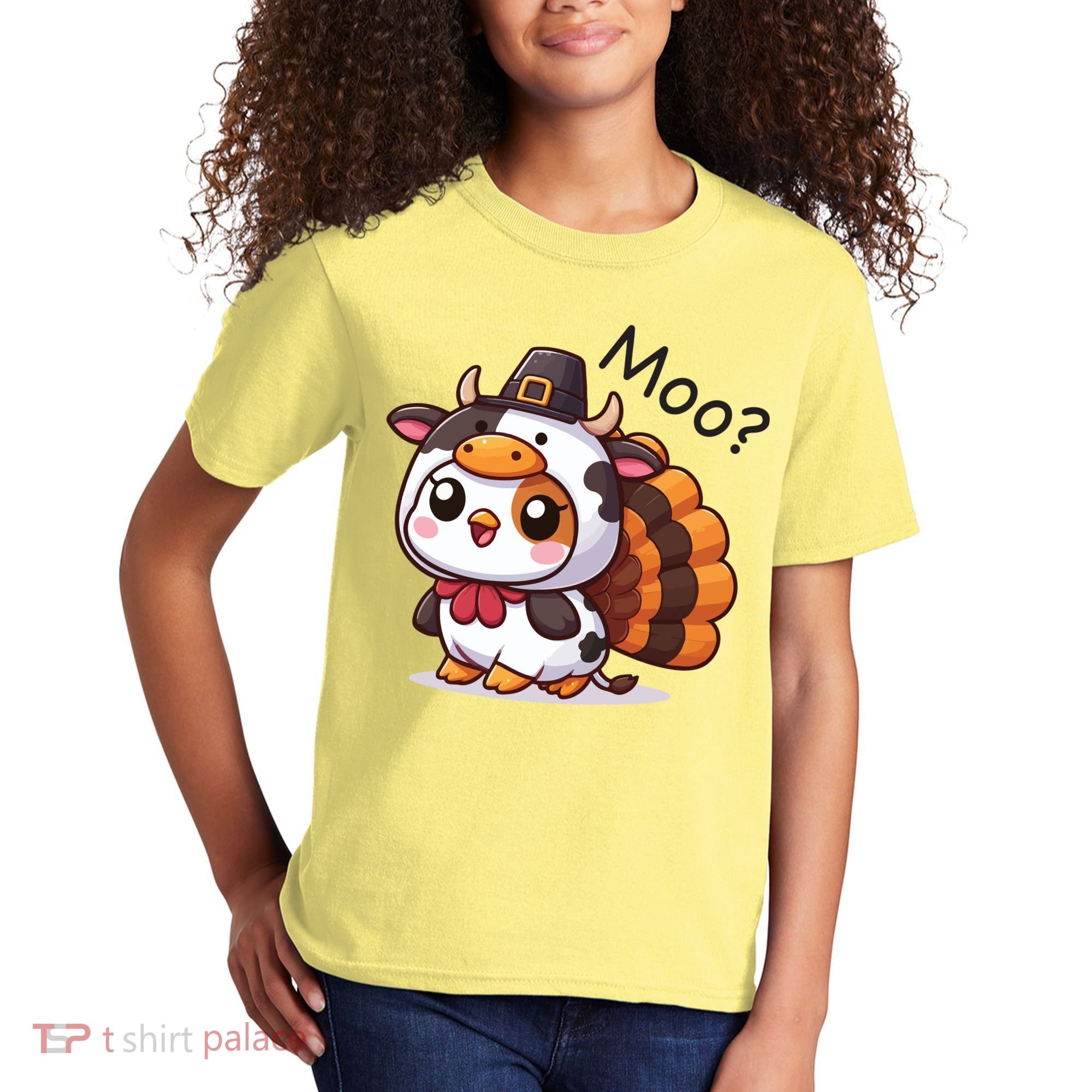 Cute Turkey Cow Moo Funny Thanksgiving Kids T-Shirt