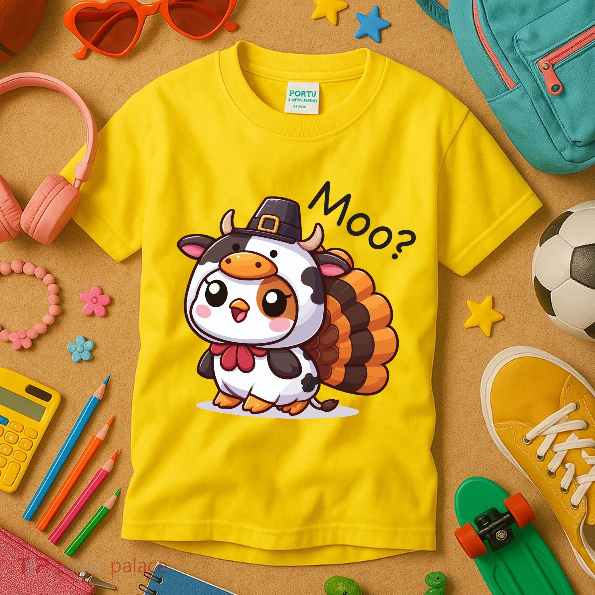 Cute Turkey Cow Moo Funny Thanksgiving Kids T-Shirt