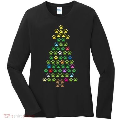 Christmas Tree Dog Paws Christmas Lights Women's Long Sleeve Shirt