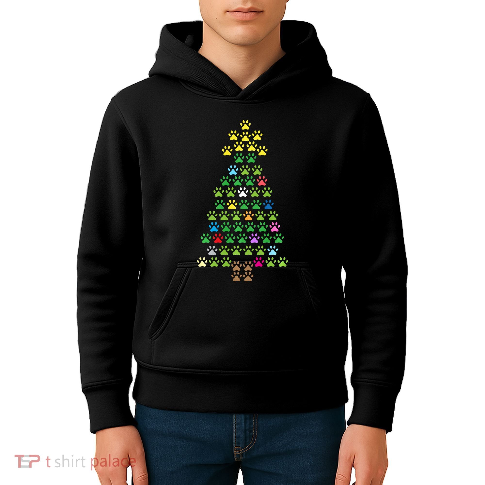 Christmas Tree Dog Paws Christmas Lights Kids Hoodie