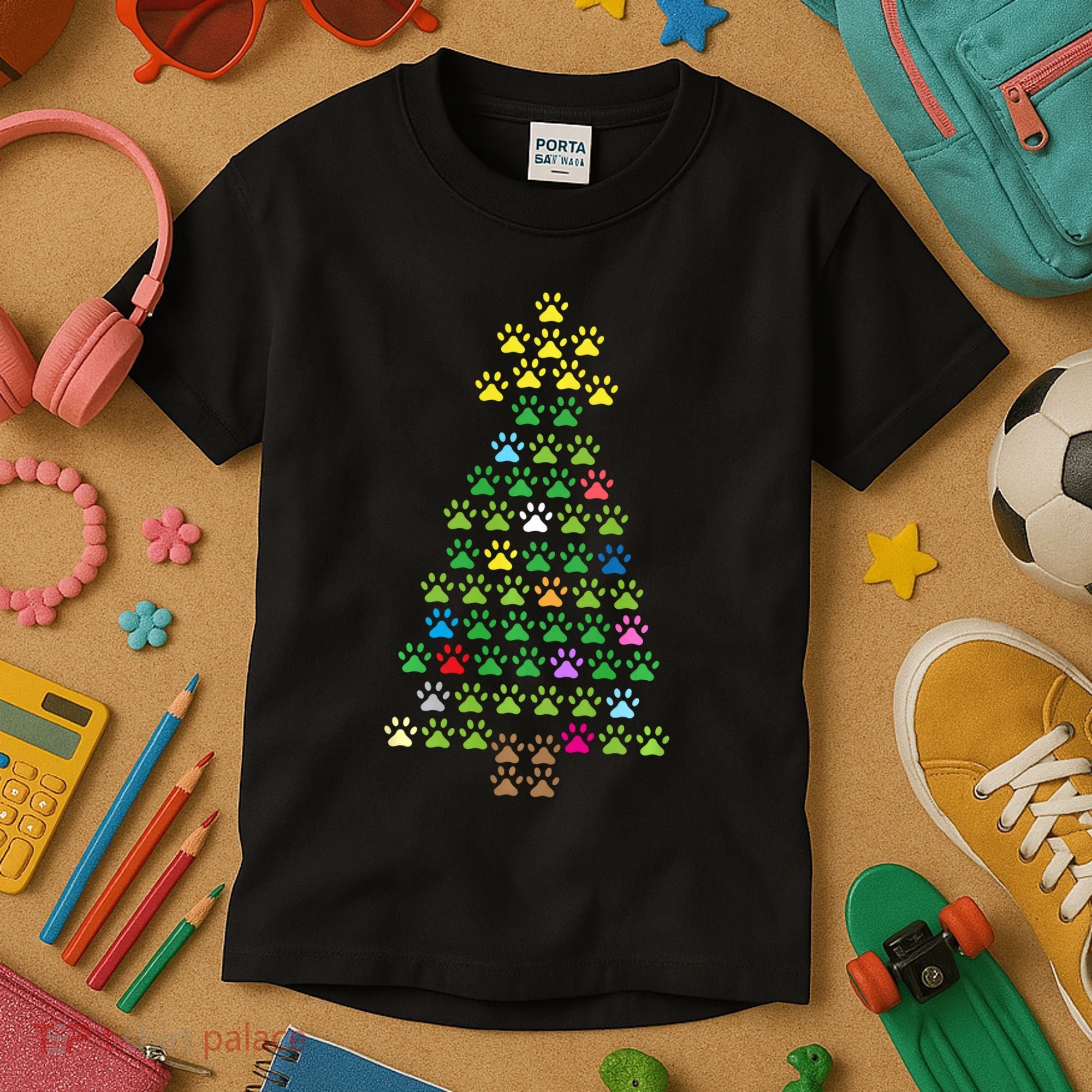 Christmas Tree Dog Paws Christmas Lights Kids T-Shirt