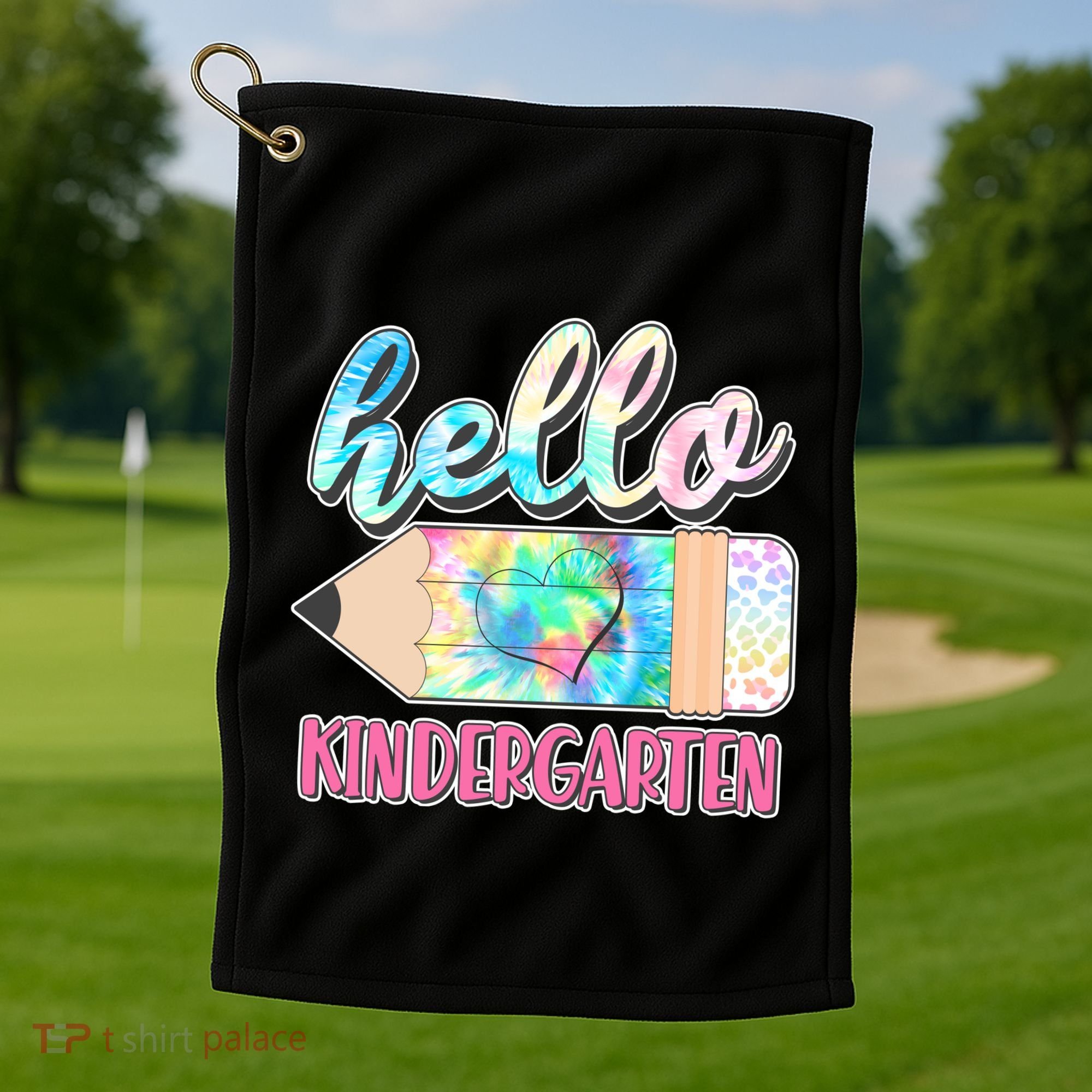 Cute Tie Dye Pencil Hello Kindergarten Golf Towel
