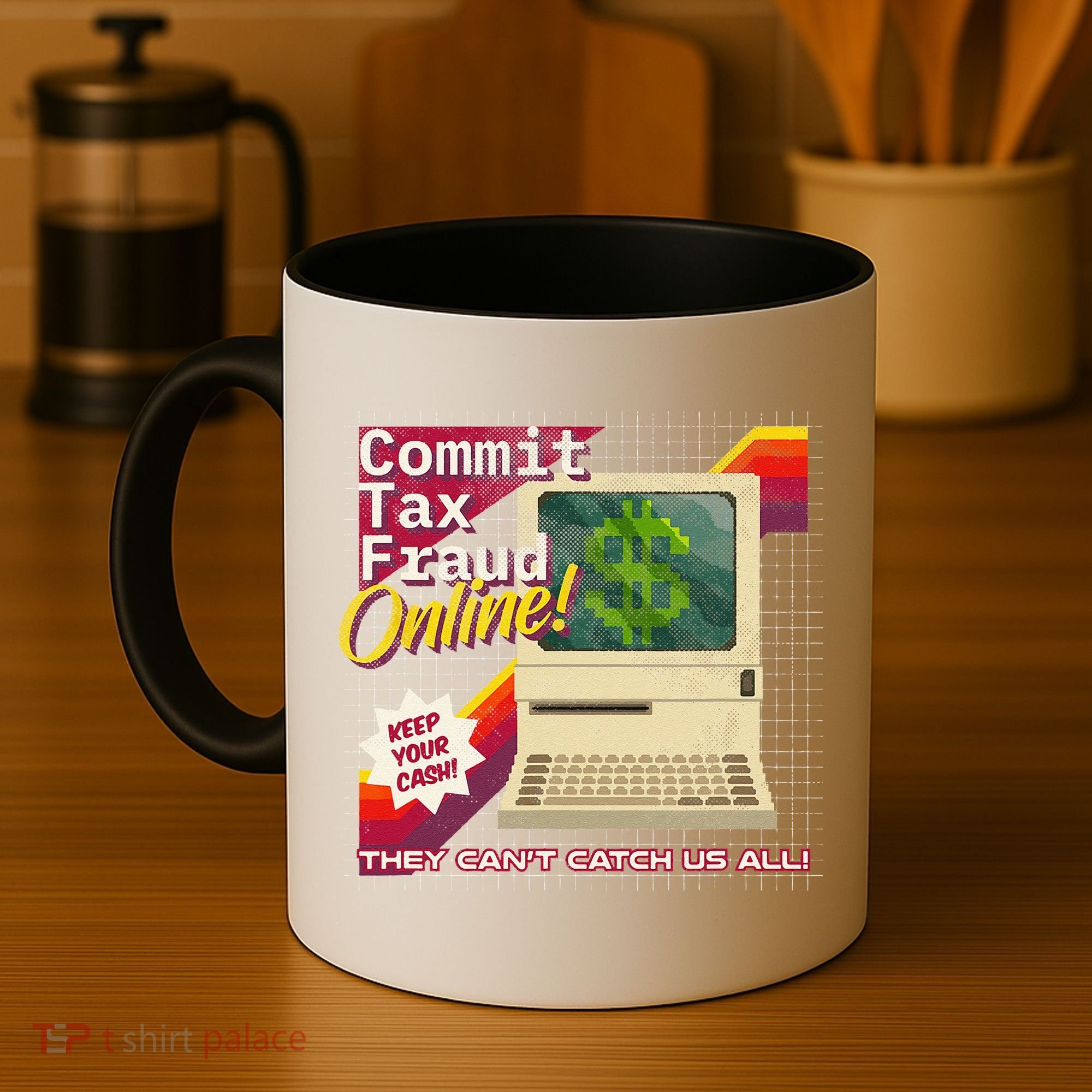 Commit Tax Fraud Online! Distressed Retro Video Game Box Art Coffee Mug