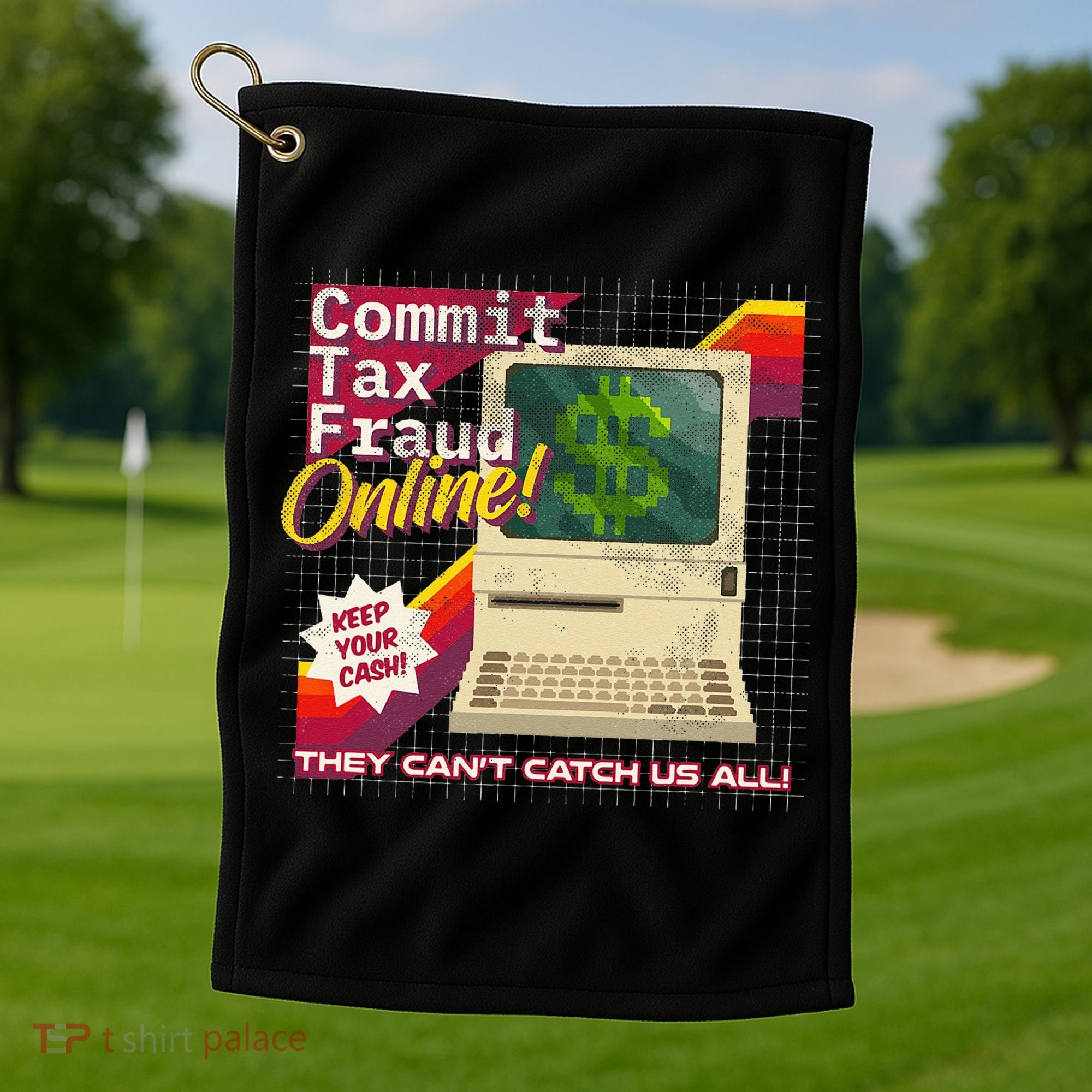 Commit Tax Fraud Online! Distressed Retro Video Game Box Art Golf Towel