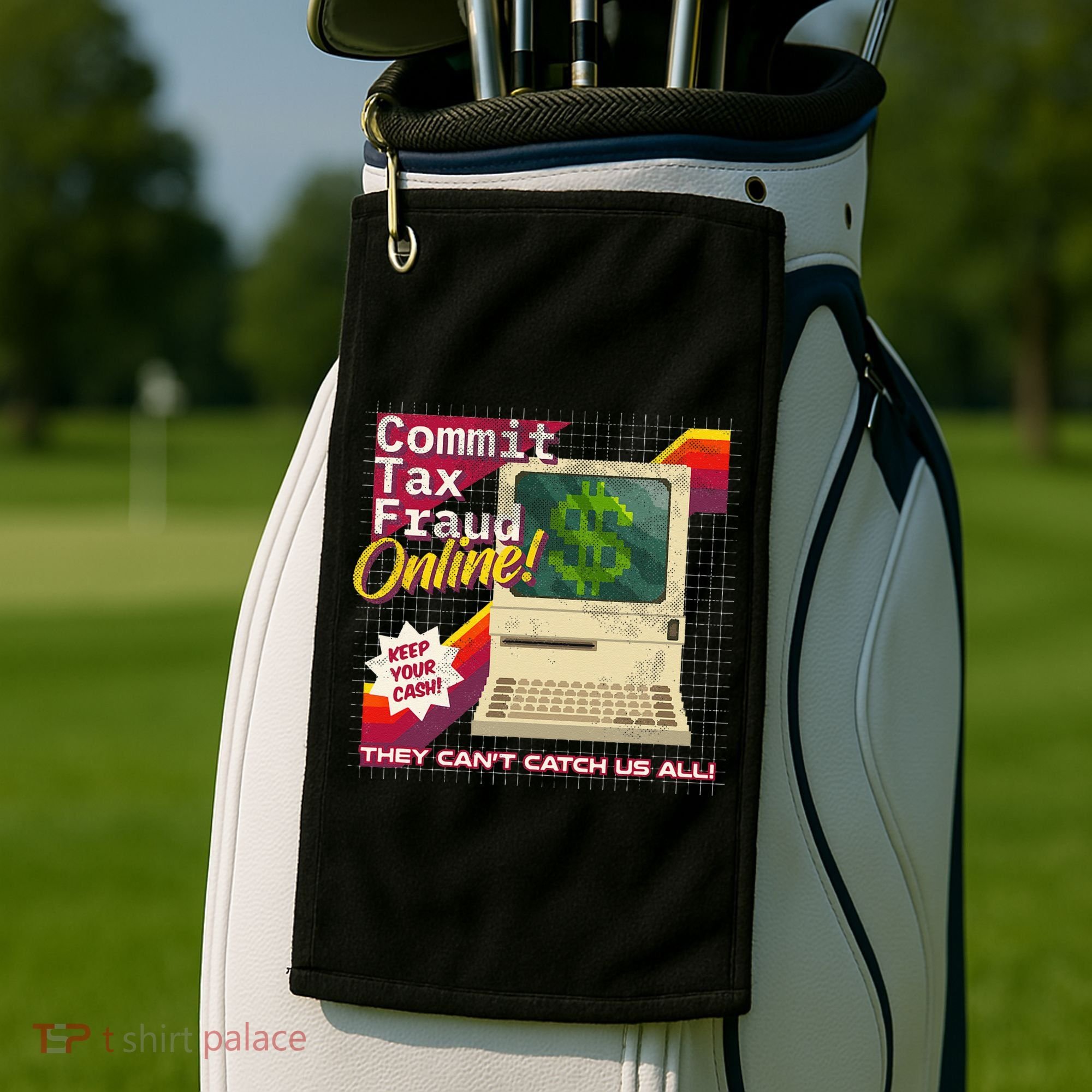 Commit Tax Fraud Online! Distressed Retro Video Game Box Art Golf Towel