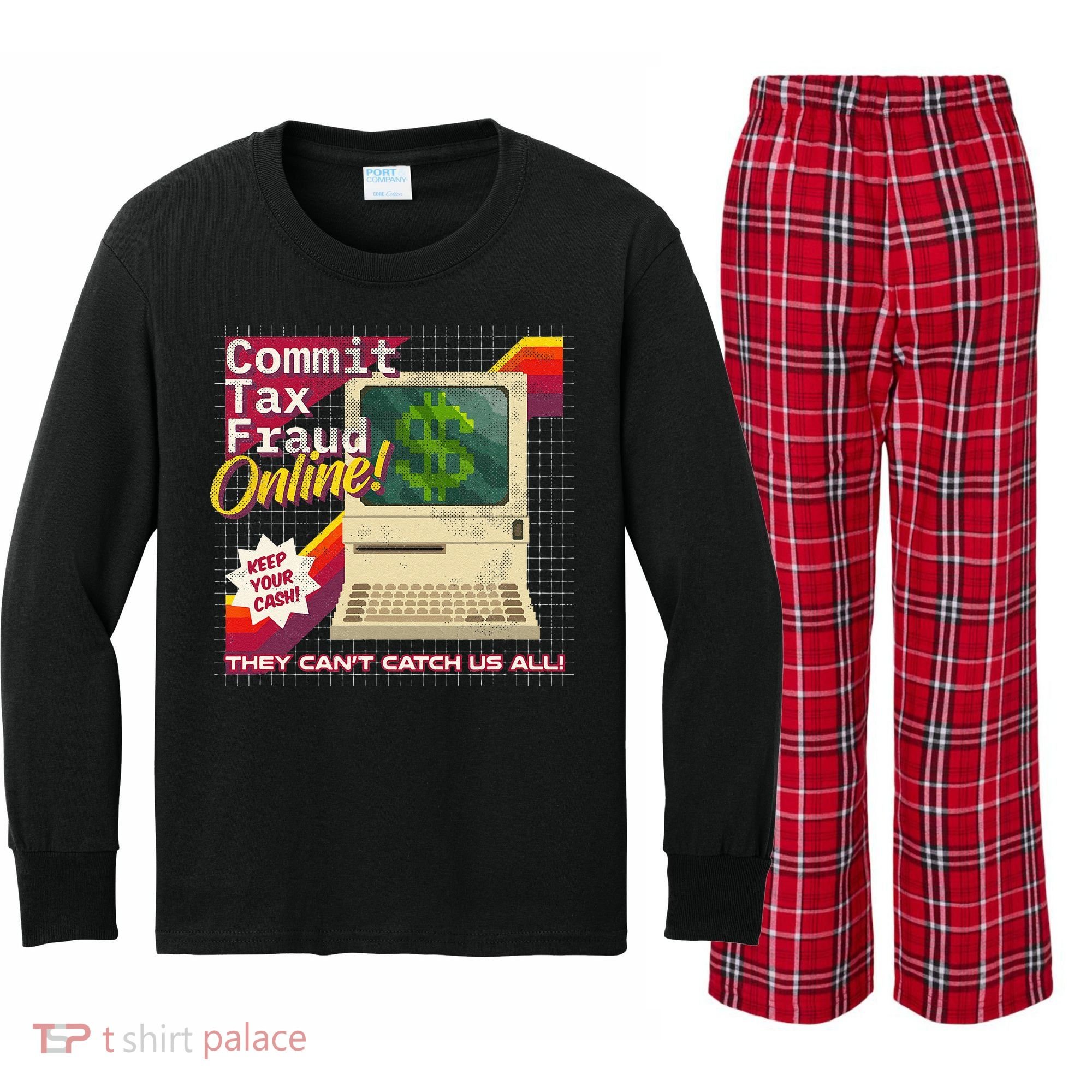 Commit Tax Fraud Online! Distressed Retro Video Game Box Art Kids Long Sleeve Plaid Pajama Set