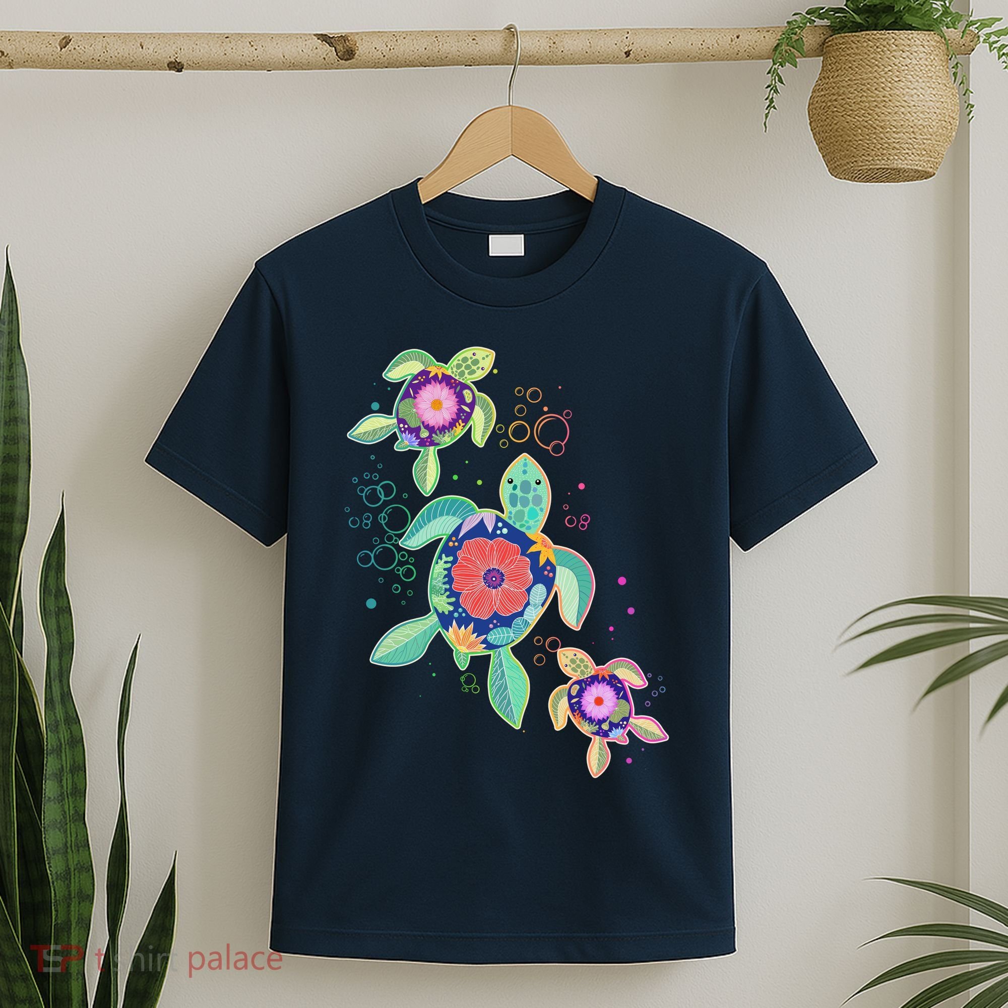 Cute Tropical Flower Ocean Sea Turtles T-Shirt