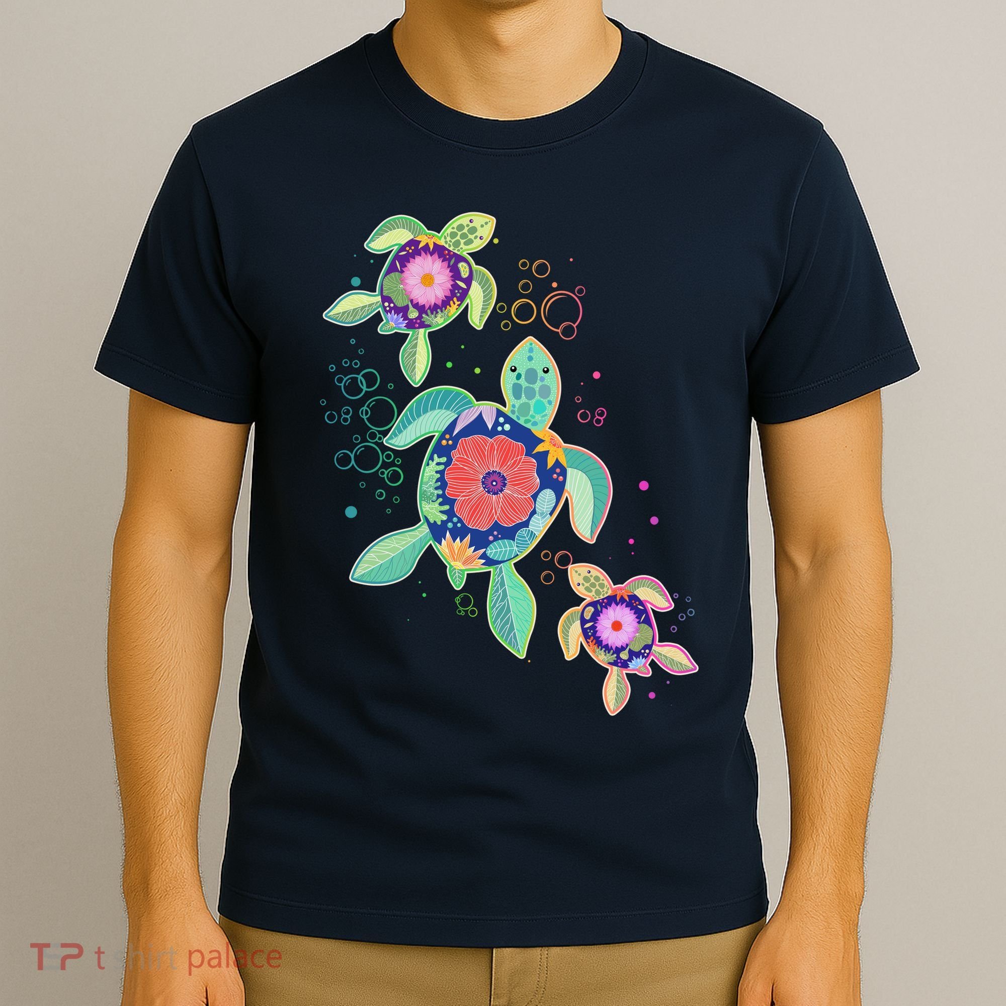 Cute Tropical Flower Ocean Sea Turtles T-Shirt