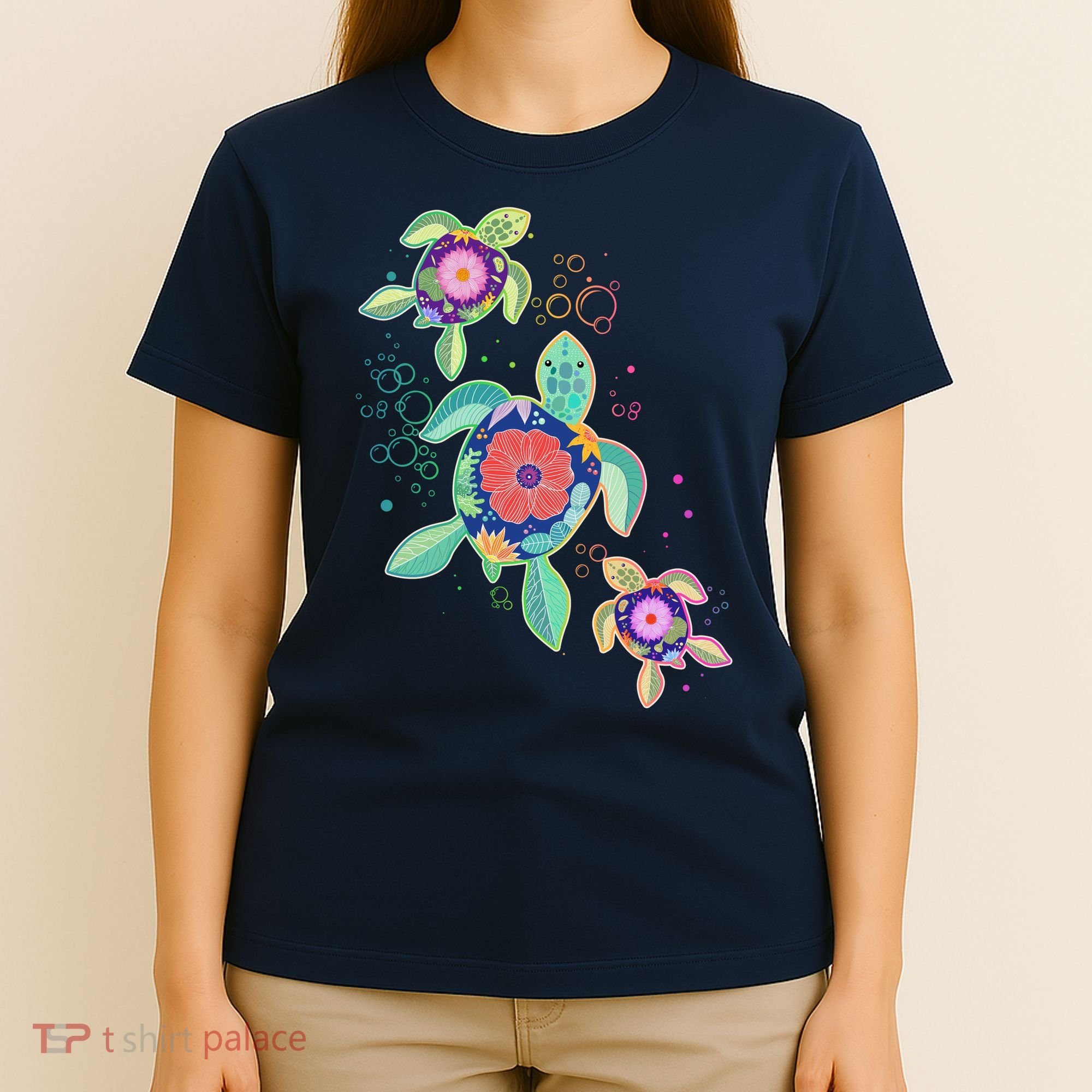 Cute Tropical Flower Ocean Sea Turtles T-Shirt