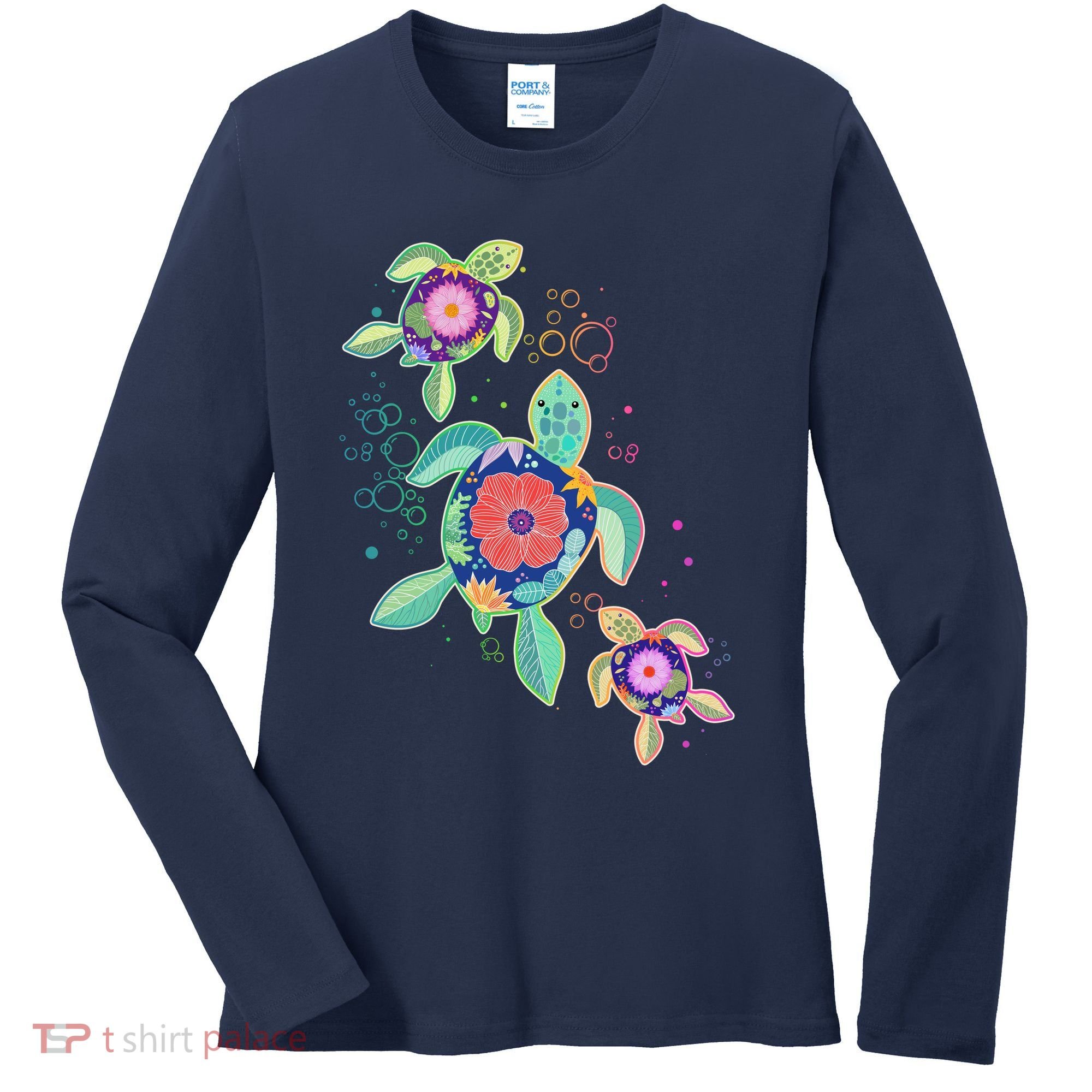 Cute Tropical Flower Ocean Sea Turtles Women's Long Sleeve Shirt