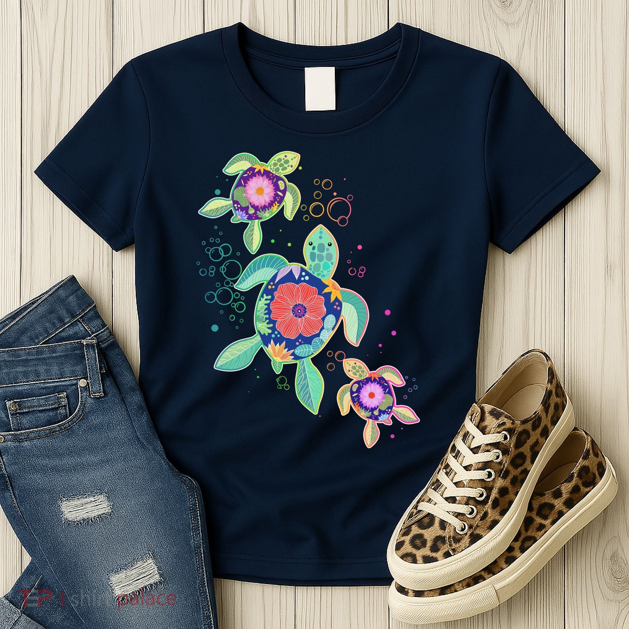 Cute Tropical Flower Ocean Sea Turtles Women's T-Shirt