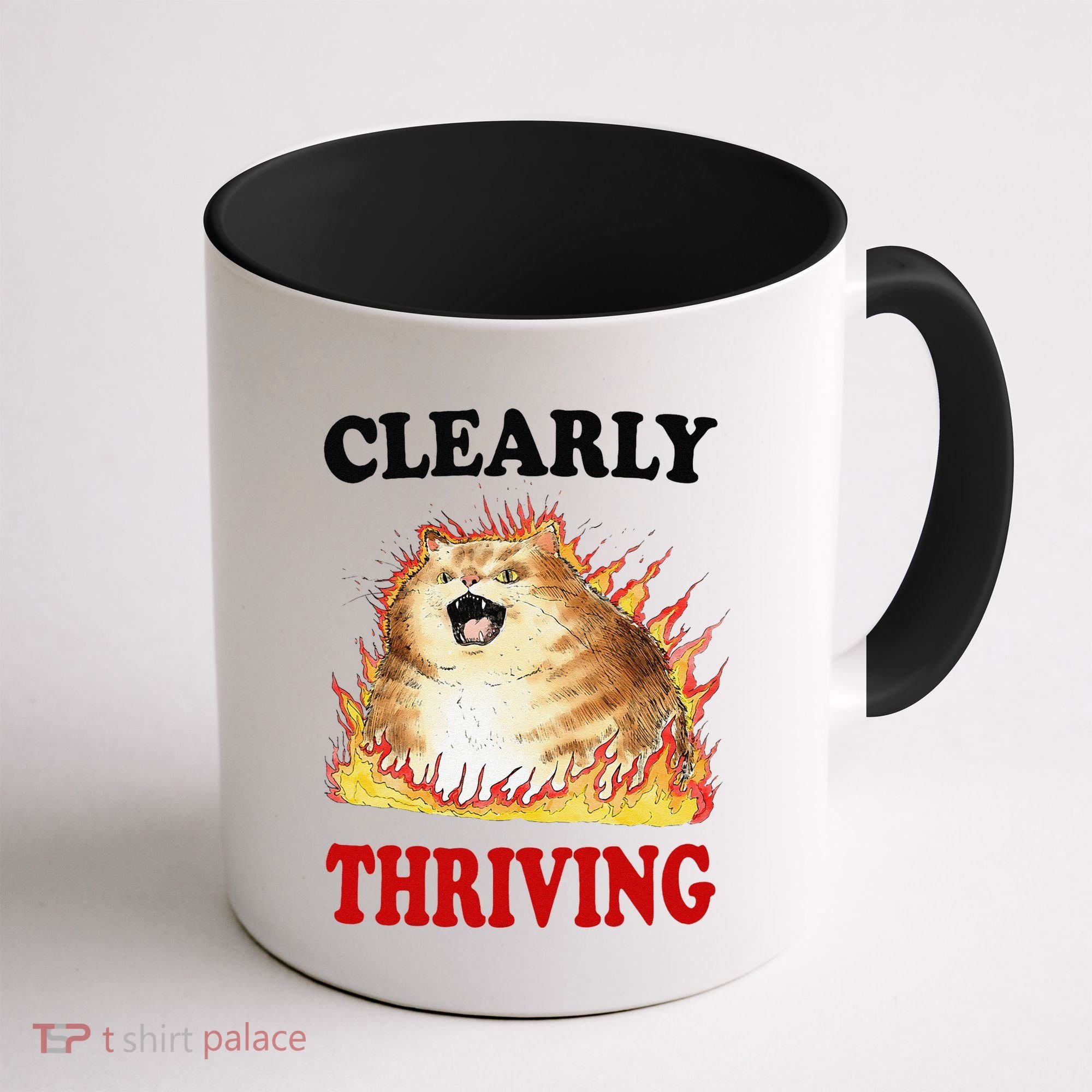 Clearly Thriving Funny Fire Cat Meme Cat Lover Cat Mom Coffee Mug