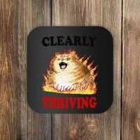 Clearly Thriving Funny Fire Cat Meme Cat Lover Cat Mom Coaster thumb 0