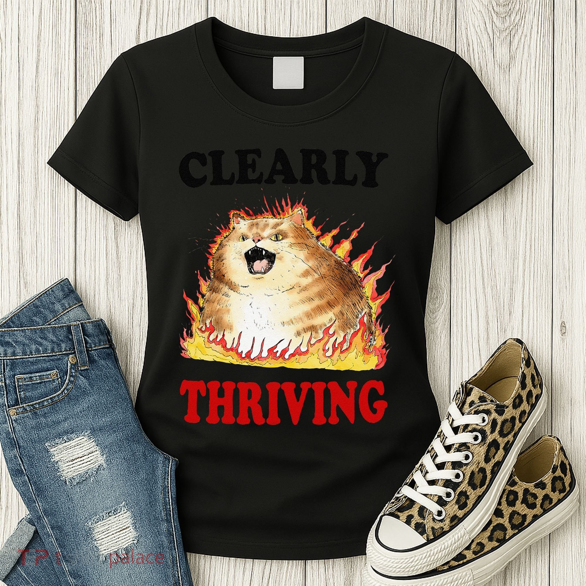Clearly Thriving Funny Fire Cat Meme Cat Lover Cat Mom Women's T-Shirt