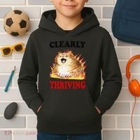 Clearly Thriving Funny Fire Cat Meme Cat Lover Cat Mom Kids Hoodie thumb 2