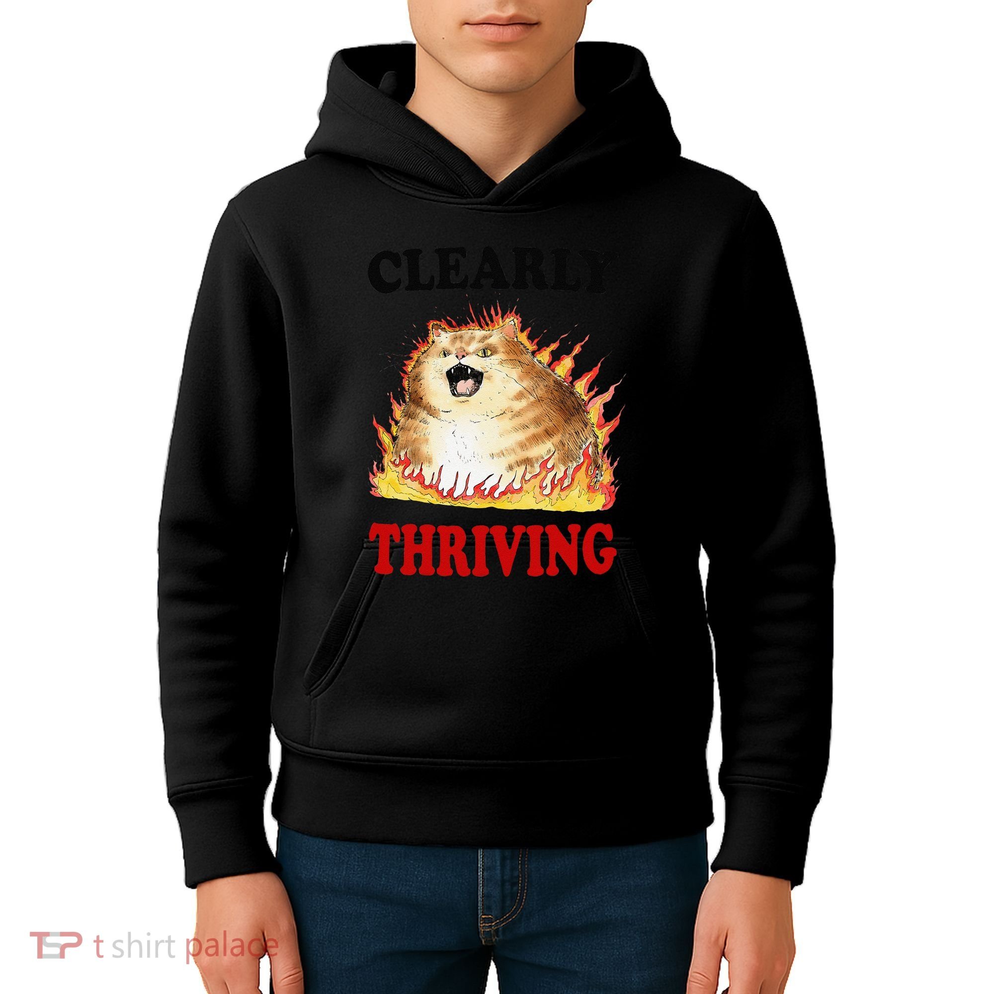 Clearly Thriving Funny Fire Cat Meme Cat Lover Cat Mom Kids Hoodie