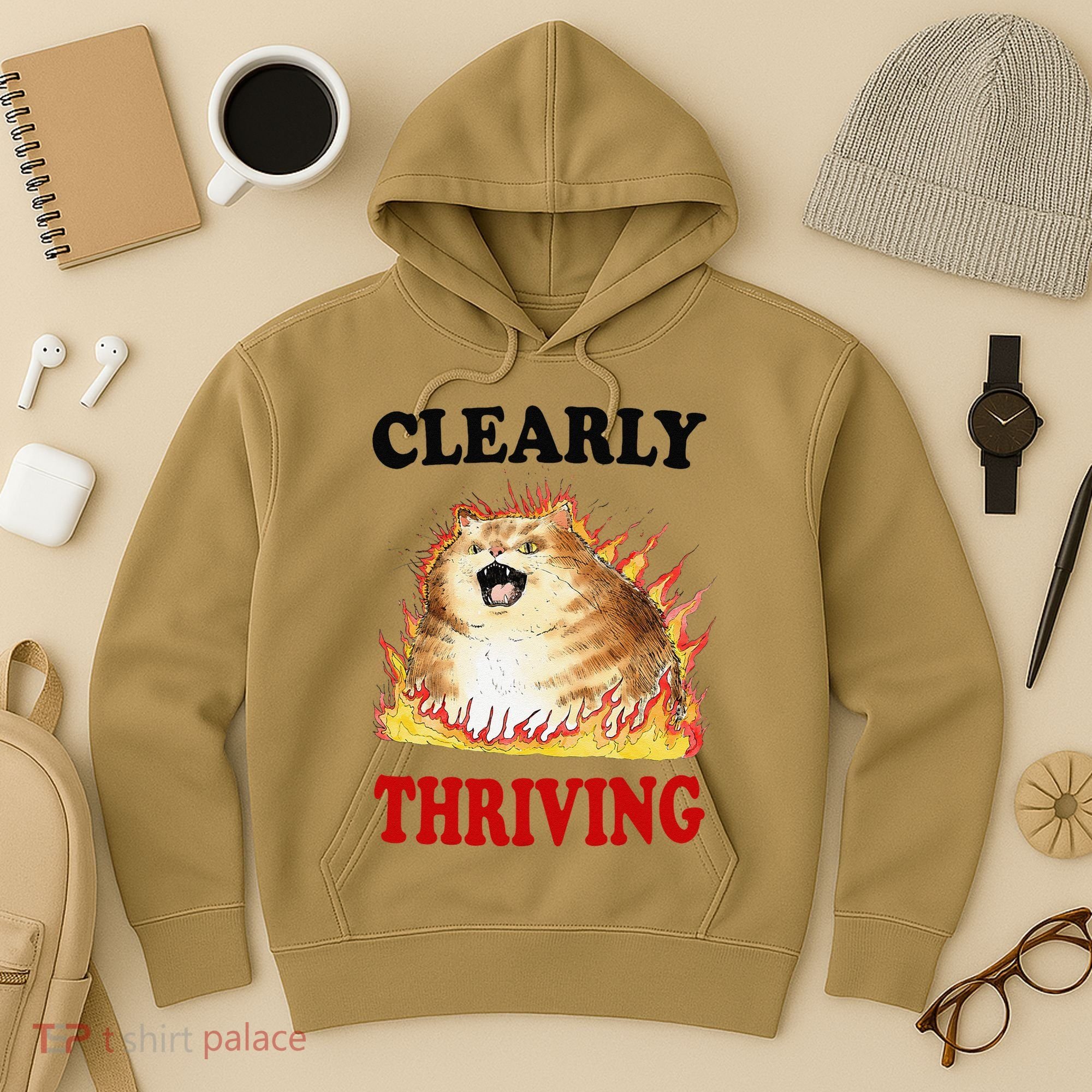 Clearly Thriving Funny Fire Cat Meme Cat Lover Cat Mom Hoodie