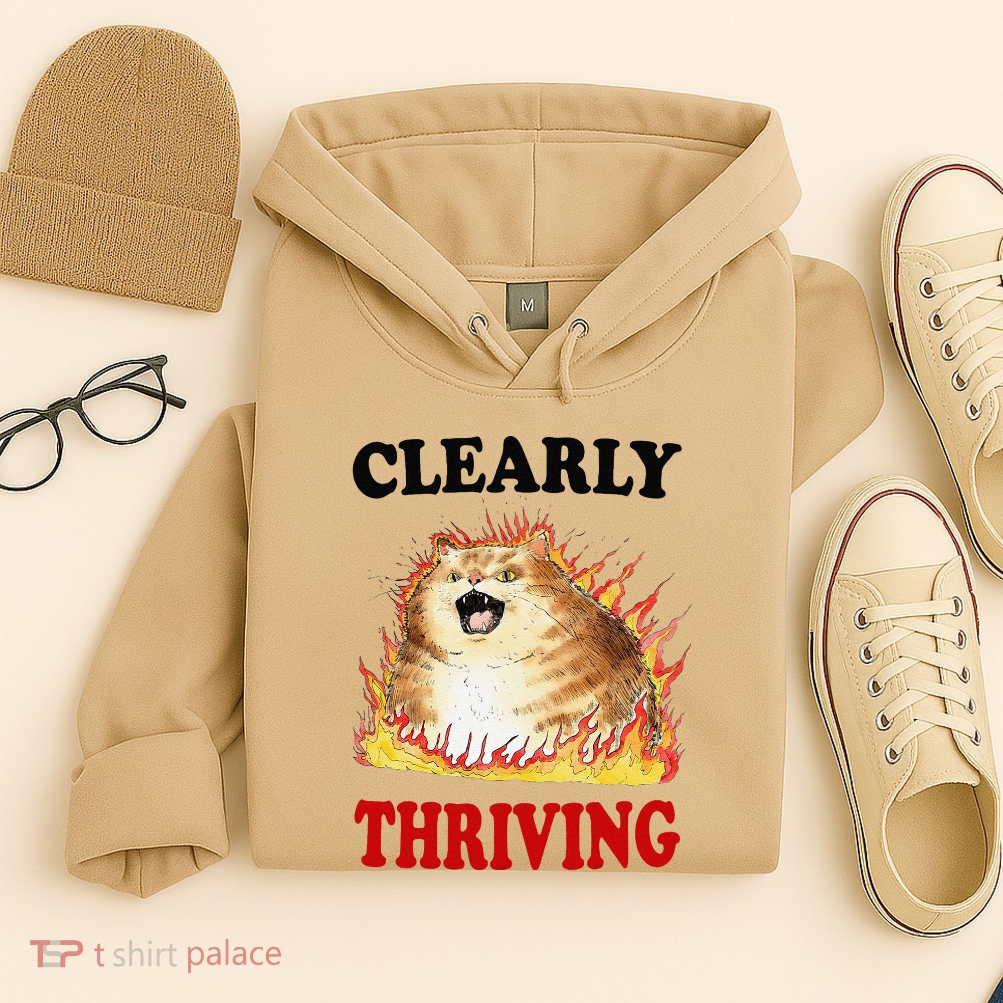 Clearly Thriving Funny Fire Cat Meme Cat Lover Cat Mom Hoodie