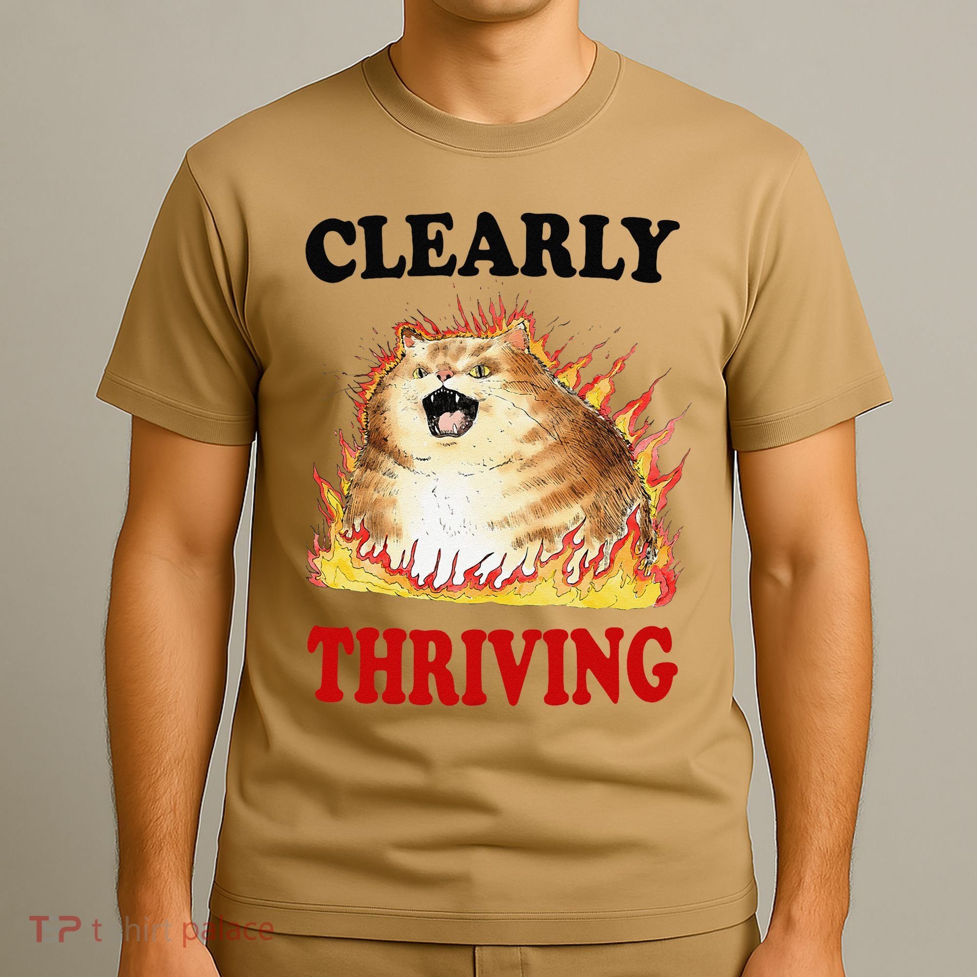 Clearly Thriving Funny Fire Cat Meme Cat Lover Cat Mom T-Shirt