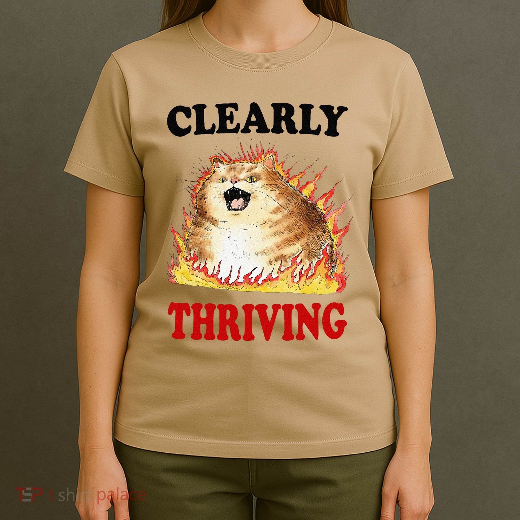Clearly Thriving Funny Fire Cat Meme Cat Lover Cat Mom T-Shirt