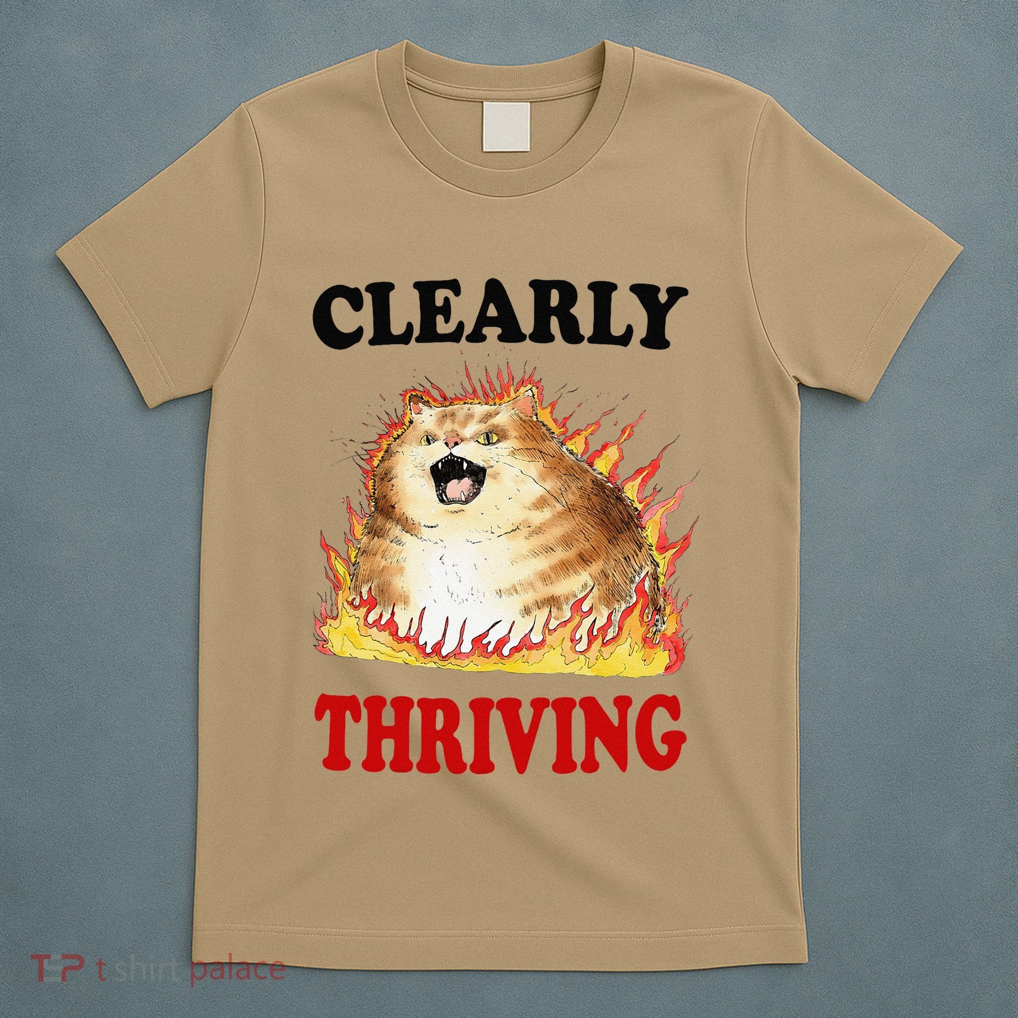 Clearly Thriving Funny Fire Cat Meme Cat Lover Cat Mom T-Shirt
