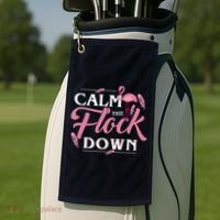 Calm The Flock Down Funny Pink Flamingo Bird Lovers Summer Golf Towel thumb 2