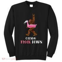 Calm The Flock Down Funny Pool Party Bigfoot Flamingo Sweatshirt thumb 0