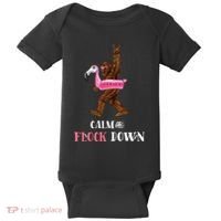Calm The Flock Down Funny Pool Party Bigfoot Flamingo Baby Bodysuit thumb 0