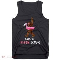 Calm The Flock Down Funny Pool Party Bigfoot Flamingo Tank Top thumb 0