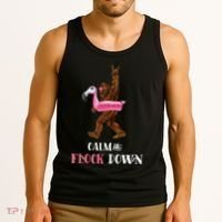 Calm The Flock Down Funny Pool Party Bigfoot Flamingo Tank Top thumb 3