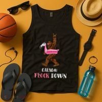 Calm The Flock Down Funny Pool Party Bigfoot Flamingo Tank Top thumb 4