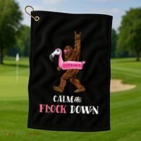 Calm The Flock Down Funny Pool Party Bigfoot Flamingo Golf Towel thumb 1