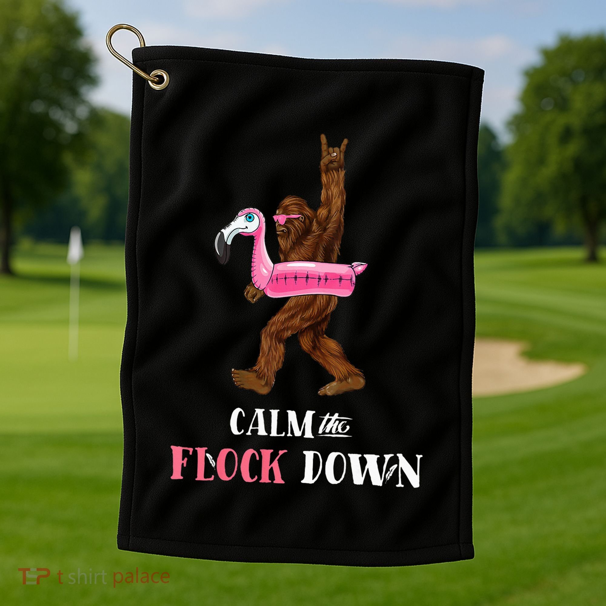 Calm The Flock Down Funny Pool Party Bigfoot Flamingo Golf Towel