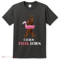 Calm The Flock Down Funny Pool Party Bigfoot Flamingo T-Shirt thumb 0