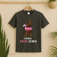 Calm The Flock Down Funny Pool Party Bigfoot Flamingo T-Shirt thumb 2