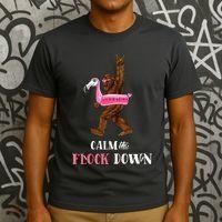 Calm The Flock Down Funny Pool Party Bigfoot Flamingo T-Shirt thumb 3