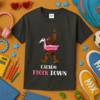 Calm The Flock Down Funny Pool Party Bigfoot Flamingo Kids T-Shirt thumb 3