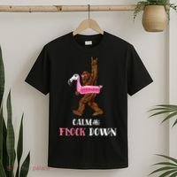 Calm The Flock Down Funny Pool Party Bigfoot Flamingo T-Shirt thumb 2